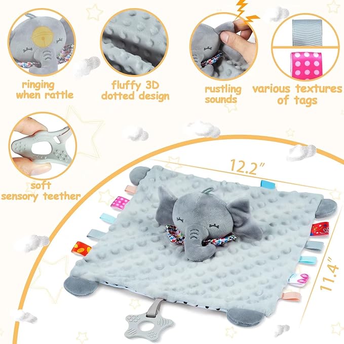 Elephant Security Blanket with Teether - Soft Baby Blanket for Boys & Girls - Dotted, Soothing