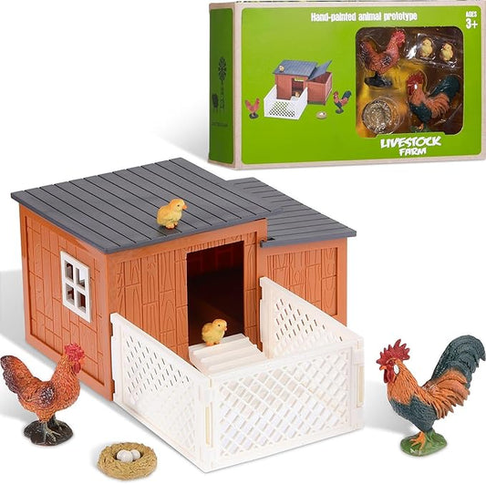 Skylety 9 Pieces Easter Chicken Figurine Chicken Model Playset Farm Action Figures Fences Around Building Blocks Farm Coop Set Birthday Party Present Animal Christmas Easter Gift