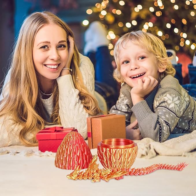 3D Printed Dragon Eggs with Articulated Fly Dragon Inside, Collectible Figurines Fidget Toy for Adults Kids Birthday Easter Christmas White Elephant Gifts for Friends Colleagues(Red Gold, L size)