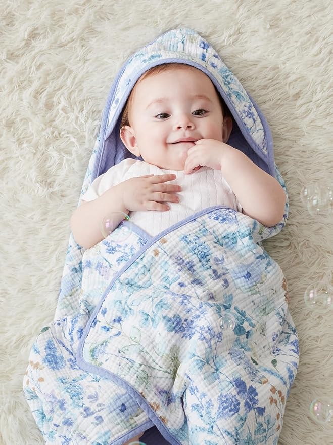 TILLYOU Muslin Hooded Baby Towels for Newborn 2 Pack, 32x32Inch Soft Baby Bath Towel Highly Absorbent for Newborn and Infant, Essential for Newborn Care, Blue Flower