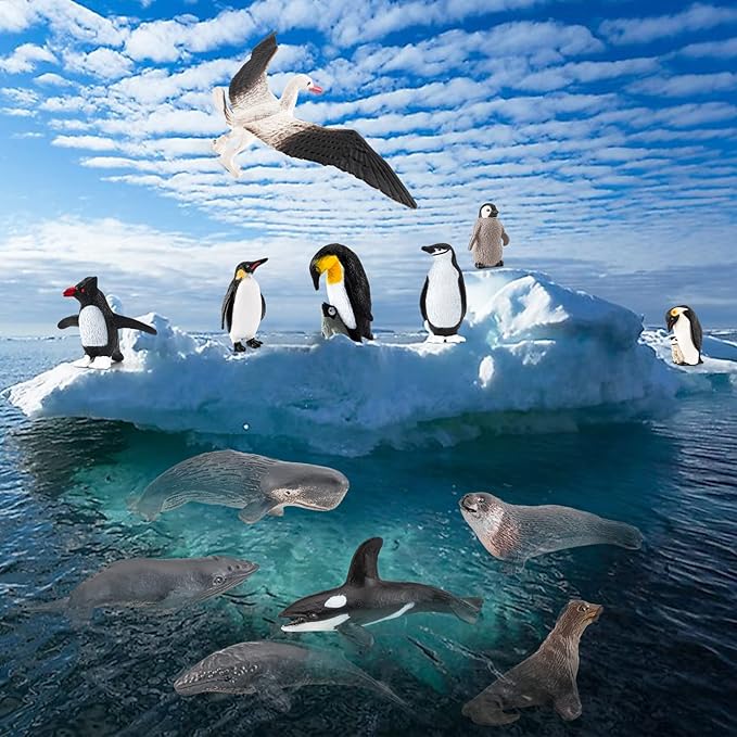 14PCS Antarctica Penguin Figurines Toy Playset Arctic Penguin Lifecycle Realistic Sperm Whale Toys Cake Decoration Christmas Birthday Party Supplies Decor
