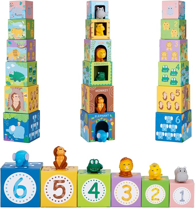 Sorting and Stacking Toys Blocks for Toddlers 1-3, Soft Safari Animal Bath Toys Age 2-4, Numbers Nesting Stackable Toys for Baby 12-18 Months, Montessori Toys Gifts for 1 2 3 Year Old Boys Girls