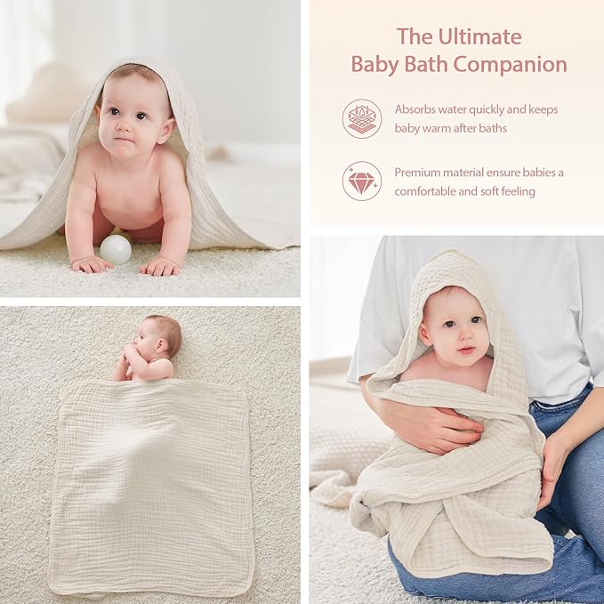 Hooded Baby Towels for Newborn - 2 Pack, 100% Muslin Cotton, Baby Bath Towels with Hood, Soft and Absorbent for Girls Infant, Toddler and Kids, Large 32x32 Inches, Newborn Essential