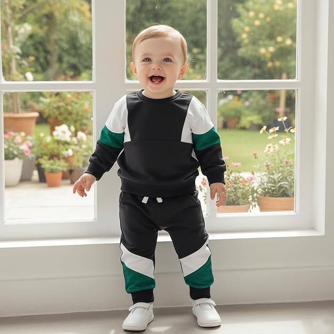 Kupretty Toddler Baby Boy Fall Winter Clothes Color Block Long Sleeve Sweatshirt Pullover Tops + Joggers Pants Outfit Set