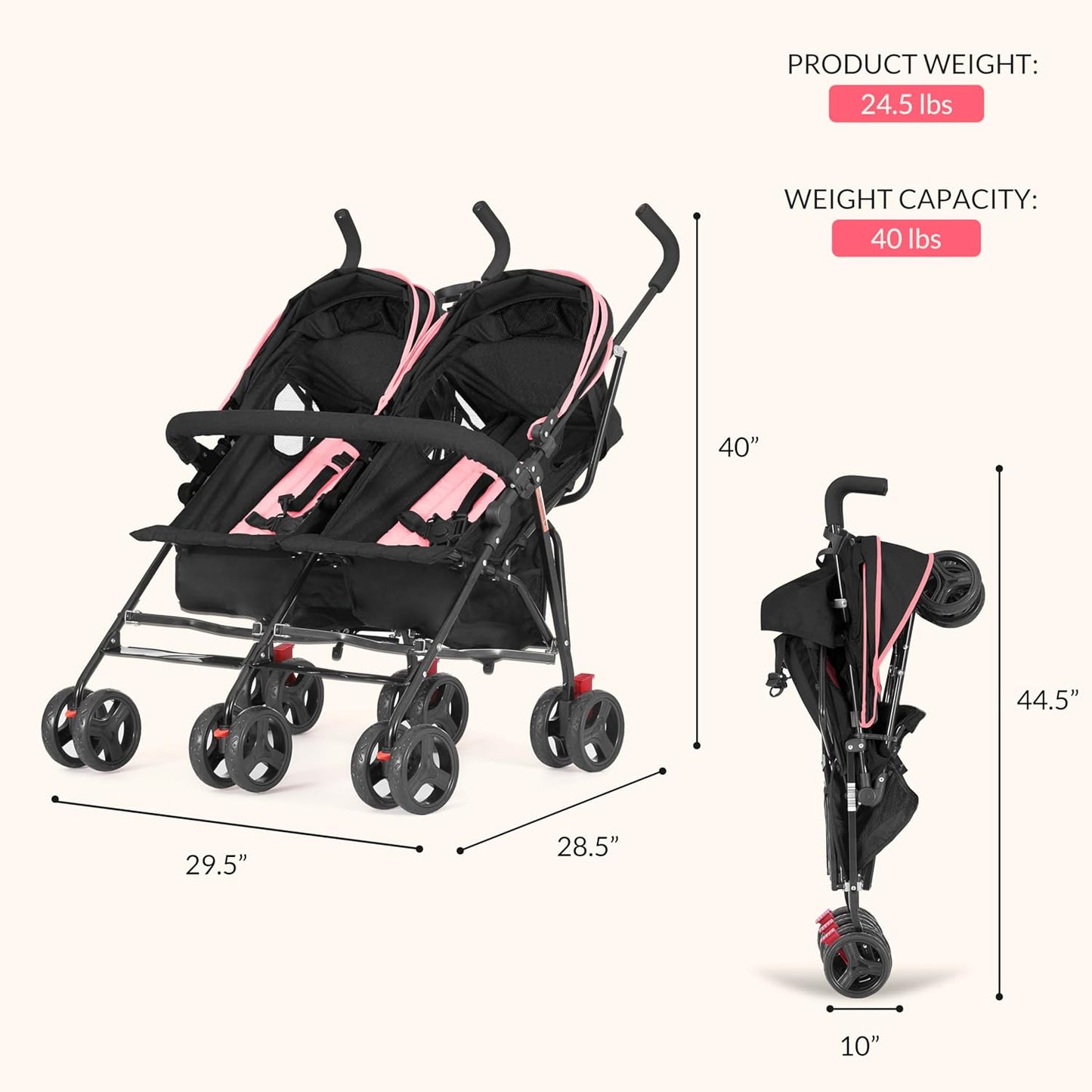 Dream On Me Volgo Twin Umbrella Stroller in Pink, Lightweight Double Stroller for Infant & Toddler, Compact Easy Fold, Large Storage Basket, Large and Adjustable Canopy