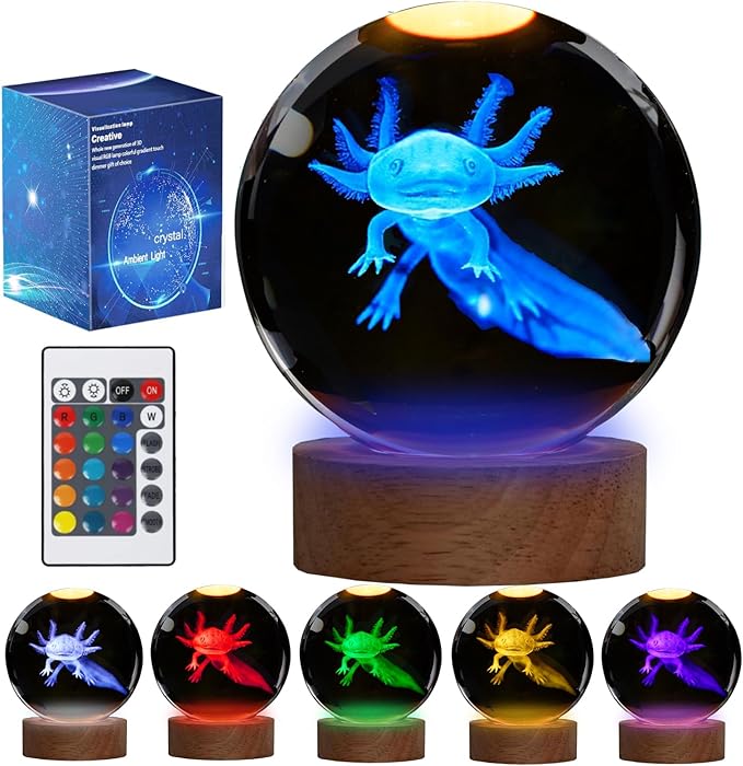 Axolotl Night Light with Upgraded 3.15 Inch 3D K9 Crystal Ball, Axolotl Lamp with Remote 16 Color Gifting Box for Birthday Xmas Cool Axolotl Figurines Gifts for Room Decor Boys Girls