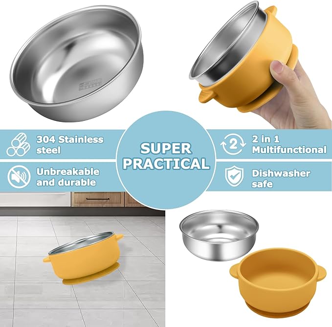 2 Pack Stainless Steel Baby Bowls with Removable Non-Slip Silicone Suction Shell, Anti Scald Food Container for Baby Food Feeding-Blue & Yellow