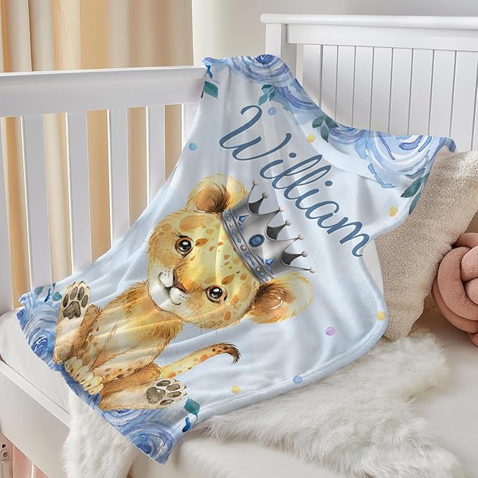 J&SBGFT Personalized Baby Blankets, Custom Baby Blanket with Boys' Name, Receiving Blankets for Toddlers & Kids, Nursery, Stroller & Crib Decor Throw Blue Lion