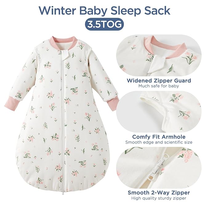 Duomiaomiao 3.5 TOG Baby Sleep Sack 100% Cotton Winter Long Sleeve Baby Wearable Blanket, Super Warm Quilted Comfy Toddler Sleeping Sack