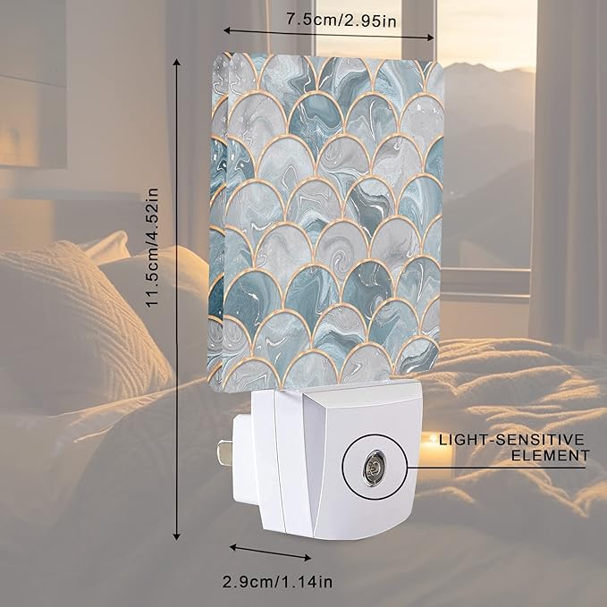 Mermaid Fish Scales Marble Night Light Plug-in LED Nightlights Auto Sensor Night Lamp Dusk-to-Dawn Lamp Home Decor for Nursery Children Girls Boys