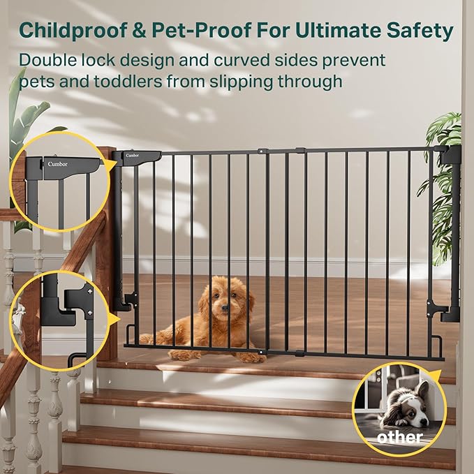Cumbor Expandable 31.6-48" Baby Gate for Stairs, Wall-Mounted, 2-in-1 No Bottom Bar Dog Gate Indoor, Pet Gate for Doorways with Large Walk Thru Door, Child-Proof Safety Gate for Kids (Black)