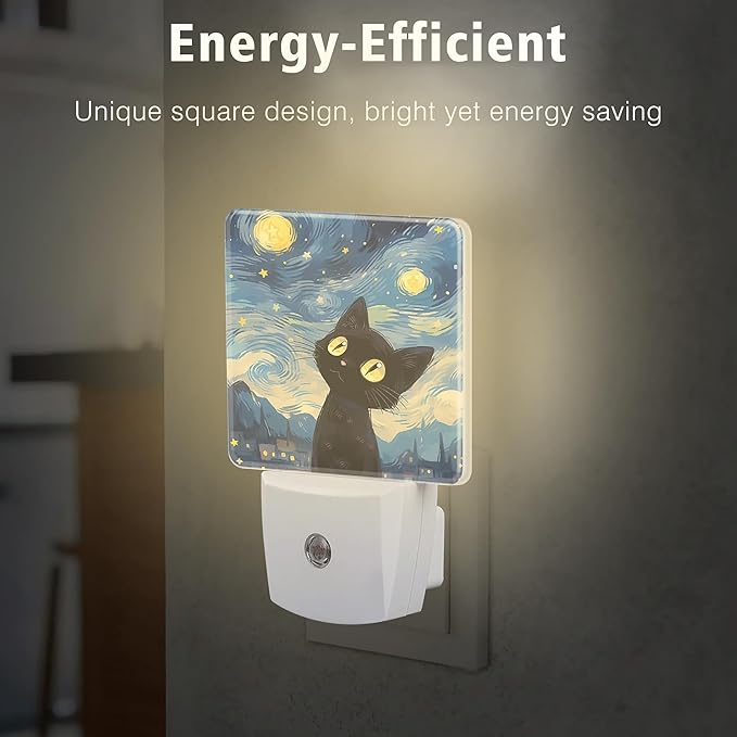 Starry Night Black Cat Night Lights Plug into Wall for Girls Boys Room, Night Lights LED Lamp with Dusk to Dawn Sensor Nightlight for Bedroom Kitchen Bathroom Hallway Home Wall Decor