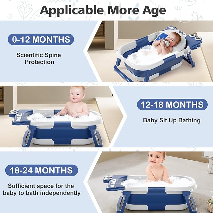Collapsible Baby Bathtub for Newborn, Foldable Baby Bath Tub with Thermometer & Soft Floating Cushion & Drain Hole, Portable Travel Infant Bath Tubs for Newborns to Toddlers 0-36 Months Boy,NavyBlue