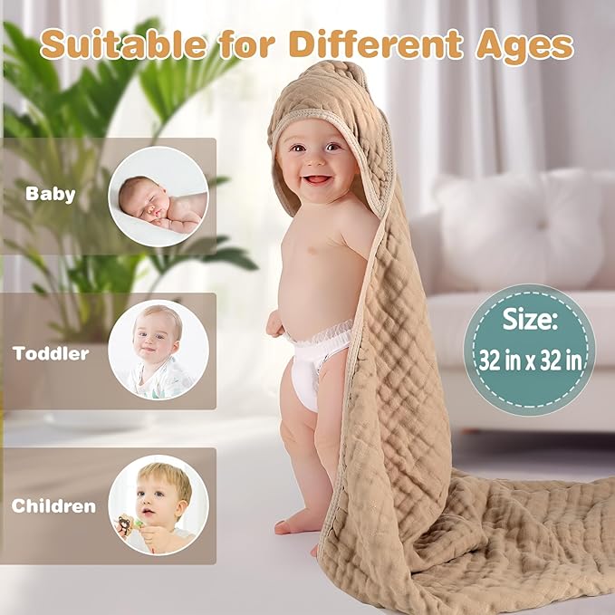 Hooded Baby Bath Towels, 2 Pack Baby Towels with Hood for Newborn, Upgrade High Density 100% Muslin Cotton Baby Towel, Ultra Soft, Highly Absorbent, for Infants, Toddlers, Newborn Essential, 32” x 32”