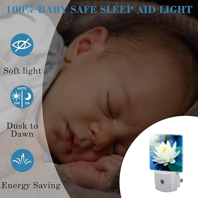 Night Light Plug into Wall White Lotus Flowers Night Light with Dusk to Dawn Sensor for Kid Girls Boys Women Men Room Decor, Hallway, Kitchen, Bathroom, Nursery, Stairs