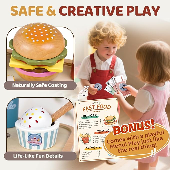 Wooden Play Food for Toddlers Pretend Play Sets 3-5 Year Old Food Toy Kitchen Accessories Birthday Gift for 3 Year Old Girl Boy 2-4 Age 4 5 6 Wood Educational Toys