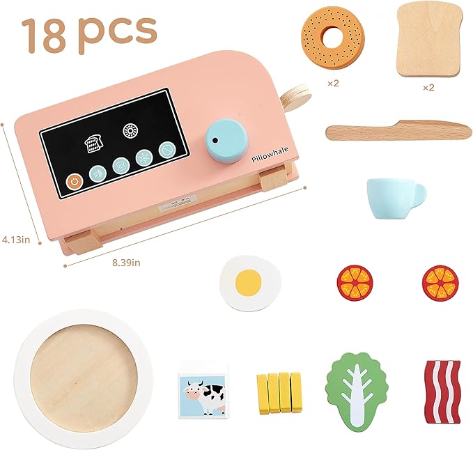 Bagel & Toast Pop-Up Toaster – 18-Piece Wooden Breakfast Playset, Montessori Kitchen Toy Includes Bagels, Bread, Bacon, Veggies & Milk for Kids Ages 3+