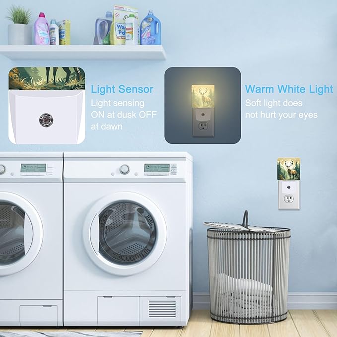 Deer in Forest Plug in Night Light with Auto Dusk to Dawn Sensor,Warm Night Lights for Boys Girls Bedroom Bathroom Hallway Kids Room Gifts