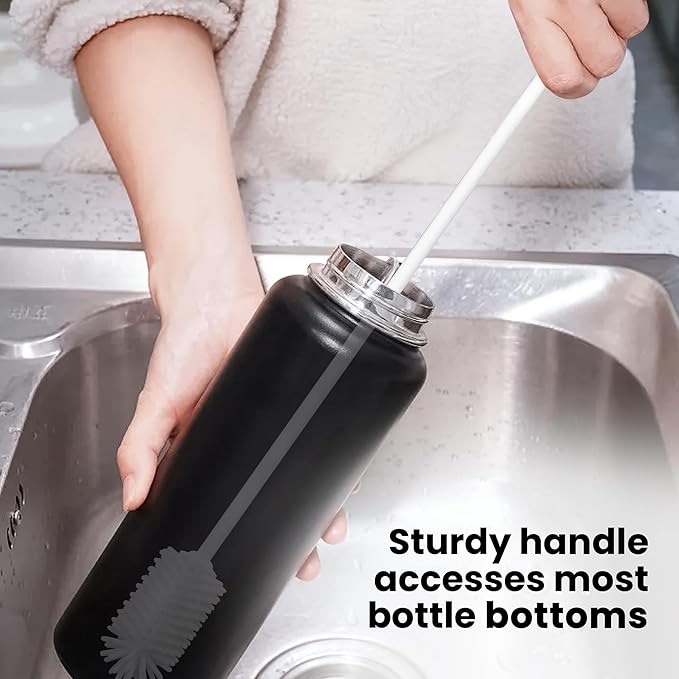 purifyou 16in & 12in Platinum Silicone Water Bottle Cleaner Brush Set with Cap Brushes, for Bottles, Tumblers, Drinking Glasses, Narrow Neck Containers, Dishwasher Safe, Durable (Set of 2, White)