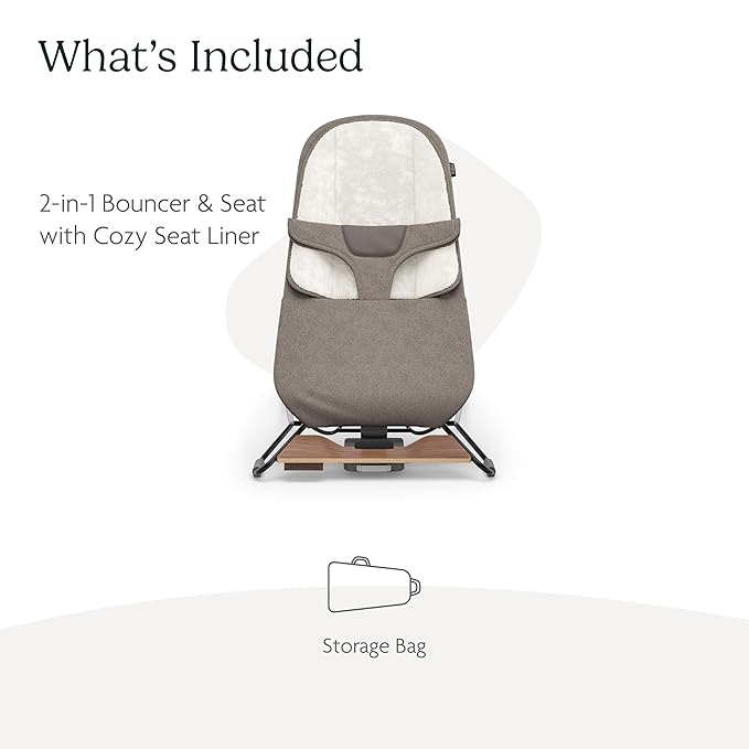 UPPAbaby Mira Bouncer/Portable 2-in-1 Bouncer + Seat Grows with Your Baby/GREENGuard® Gold, JPMA + FSC® Certified/Cozy Seat Liner + Storage Bag Included/Wells (Taupe Mélange/Black Chrome/Walnut Wood)