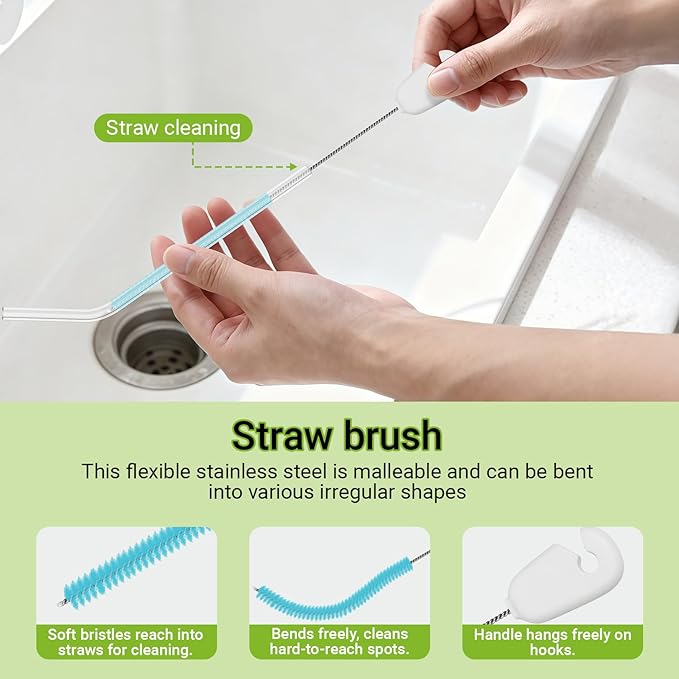 3-in-1 Bottle Brush, 15 Inches Long Handle Kitchen Water Bottle Brush, Stainless Steel Bottle Cleaner Brush with Straw Brush & Lid Brushe for Cleaning Wine Glasses,Coffee Mugs,Tumblers,Wine Decanters