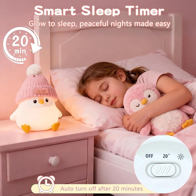 Penguin Silicone Night Light, Cute Pink Penguin Lamp with Knitted Hat, Soft Nursery Nightlight, USB Rechargeable/Dimmable,LED Squishy Novelty Animal Bedside Lamp,Funny Gifts for Kids/Girls