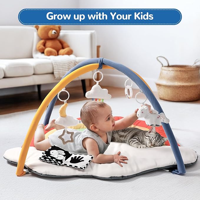 Baby Gym Play Mat with 6 Detachable Toys, Tummy Time Mat for Floor, Promote Motor Skills & Sensory Development Mat for Infant, Washable Baby Activity Mat, Easy to Install, Baby Essentials Gift-Rainbow