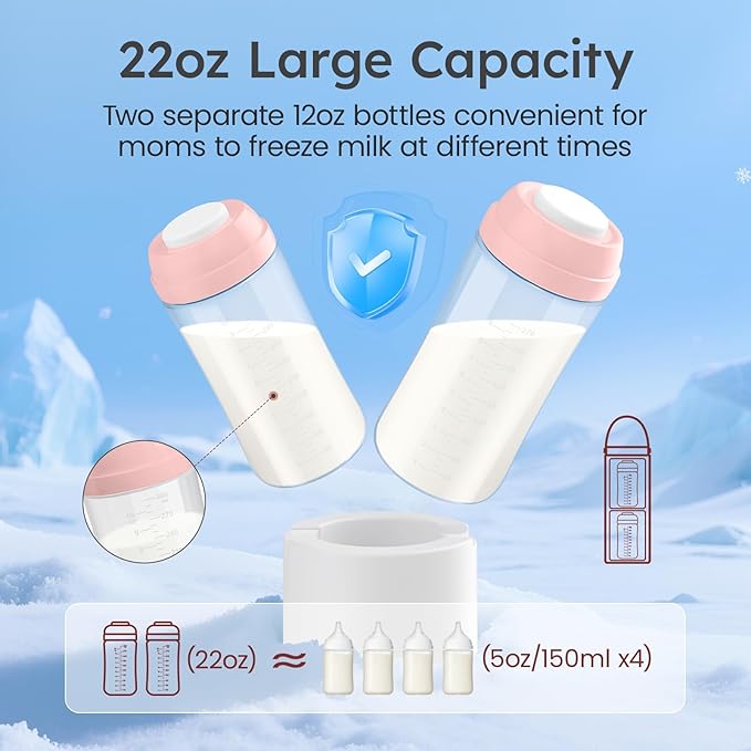 Portable Breast Milk Cooler for Travel, 22oz Large Capacity Breastmilk Chiller for Working Moms, 360° Cooling Keeps Milk Chilled 24 Hours, Includes 2 Baby Bottles, Breastfeeding Essentials