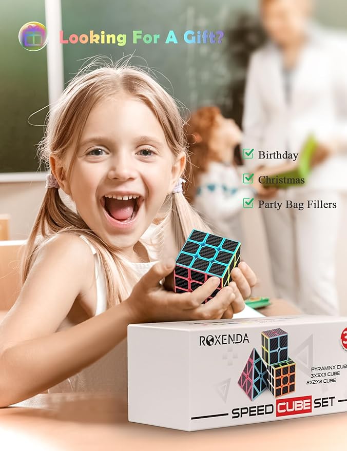 ROXENDA Speed Cube Set, Magic Cube Set of 2x2x2 3x3x3 Pyramid Cube Smooth Puzzle Cube (Carbon Fiber)