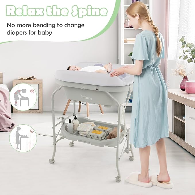INFANS 2 in 1 Baby Changing Table with Bath Tub Unit, Folding Diaper Dresser Station with Wheels Waterproof Pad Storage Rack, Portable Nursery Organizer Stand for Newborn Infant (Light Grey)