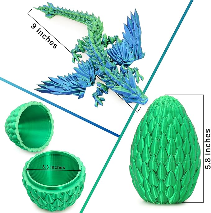 3D Printed Dragon Eggs with Articulated Fly Dragon Inside, Collectible Figurines Fidget Toy for Adults Kids Birthday Easter Christmas White Elephant Gifts for Friends Colleagues(Silk Green, M size)