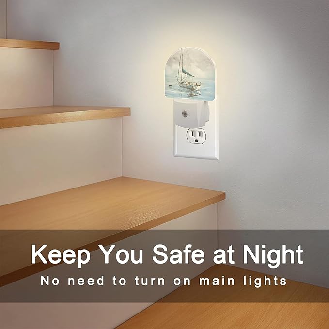 Blue Sailboat in Harbor Night Light Plug into Wall, Boat Ocean Oil Painting Dusk to Dawn Night Light Plug in,0.5w Energy Saving Sleep Friendly NightLight for Kids Boys Girls Home Decor