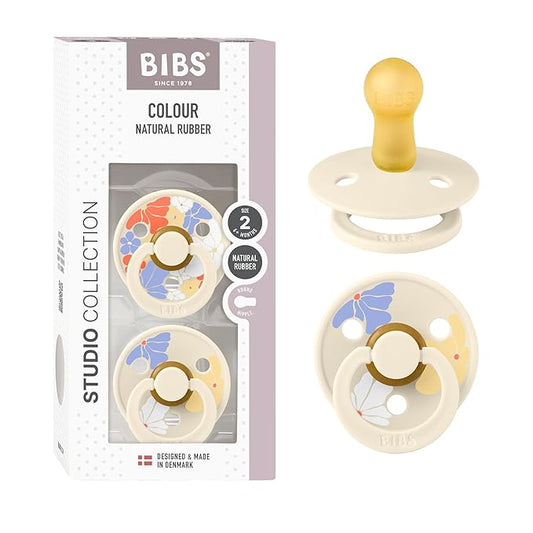 BIBS Pacifiers - Studio 2 Pack | Round Nipple Baby Pacifier | BPA Free Natural Rubber Latex Soother | Made in Denmark | Size 6+ Months | Morning Bloom Ivory