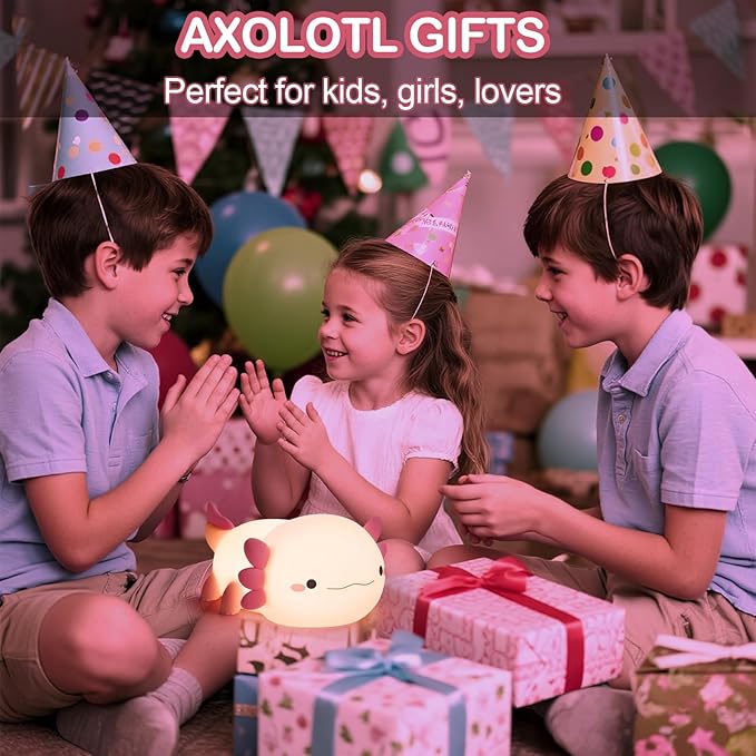 Axolotl Lamp, Axolotl Cute Night Light Gifts, Rechargeable Bedside Nightlight, Dimmable Squishy Silicone Animal Touch Lamp, Baby Room Decor, Pink Night Light for Kids Teens Girls Lovers