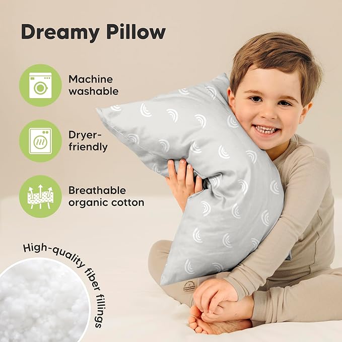 KeaBabies 2-Pack Toddler Pillow 13x18 - Soft Organic Cotton Kids Travel Bed Pillows for Sleeping, School, Nap, Machine Washable, Toddlers 2 to 5, Pillowcase Sold Separately (Gray Rainbow)
