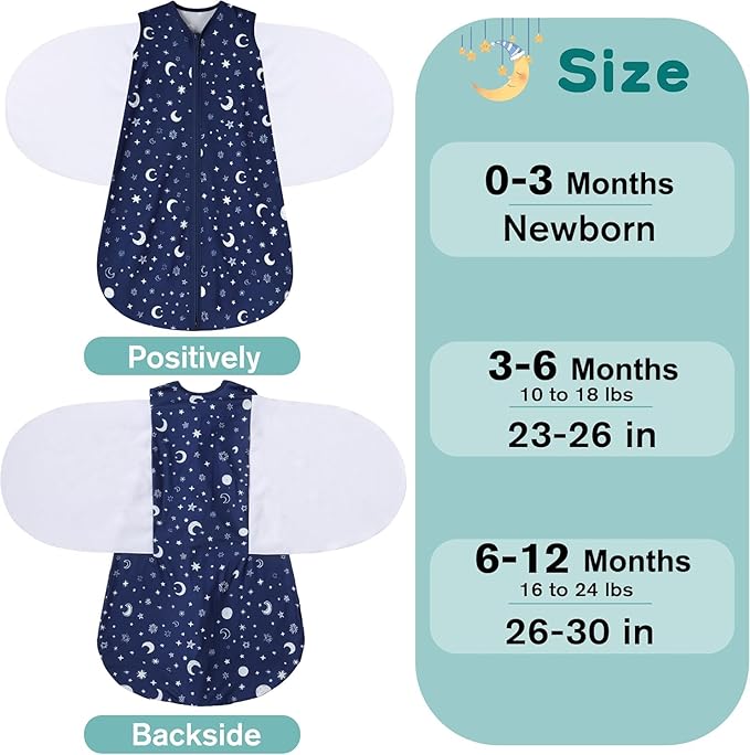 Newborn Sleep Sack Baby Swaddle,0-3 Months,3-Way Adjustable Wearable Blanket,100% Rayon Cotton Swaddling Sleeping Bag，TOG 0.5（Clouds&Starry Sky）