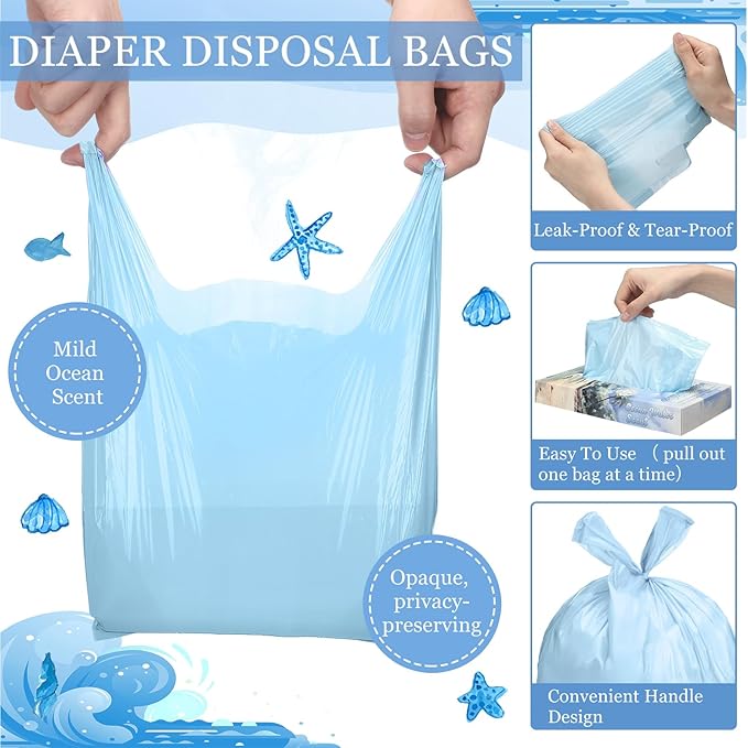 200 Count Ocean Water Scented Small Trash Bags Small Diaper Baggies for Adult Briefs Feminine Hygiene Baby Diaper Disposable Bags Pet Waste Sacks with Easy-to-tie Tabs