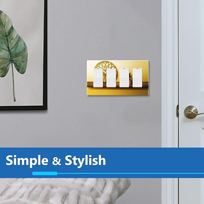 LIDER Quadruple Decorator Wall Plate, Impact Resistant, Mirrored Acrylic, Plexiglass, Reflective Finish Modern Upgrade Screwless Light Switch/Outlet Cover Mid-Size 4-Gang 4.88" x 8.58" Gold