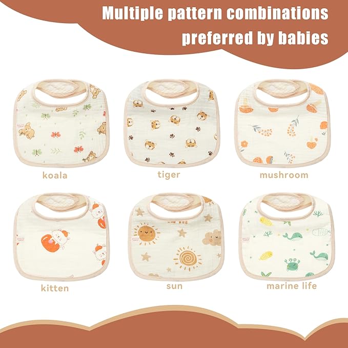 Muslin Baby Bibs,Pure cotton absorbent and breathable, suitable for boys and girls aged 0 to 36 months, 6-piece set