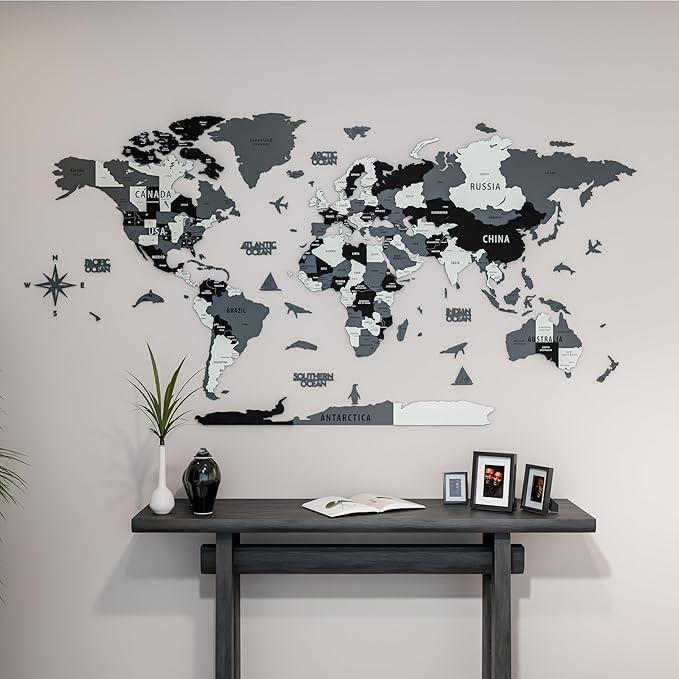 Colorfull Worlds 3D Wooden World Map Wall Art | Unique Wall Decor with Pins for Travel Enthusiasts | Home and Office Wall Décor | Grey | Medium