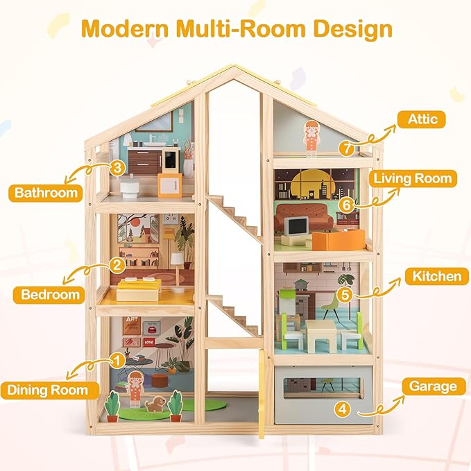 Costzon Wooden Dollhouse for Kids, Modern Family Pretend Playhouse w/Furniture Pieces & Figures, DIY Play House Toy w/Garage & Openable Door for Girls & Boys Ages 3+