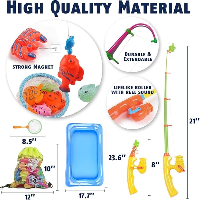 CozyBomB™ Magnetic Fishing Toys Game Set for Kids | Water Table Bathtub Kiddie Pool Party & Pole Rod Net, Plastic Floating Fish Toddler Color Ocean Sea Animals Birthday Age 3 4 5 6 Year