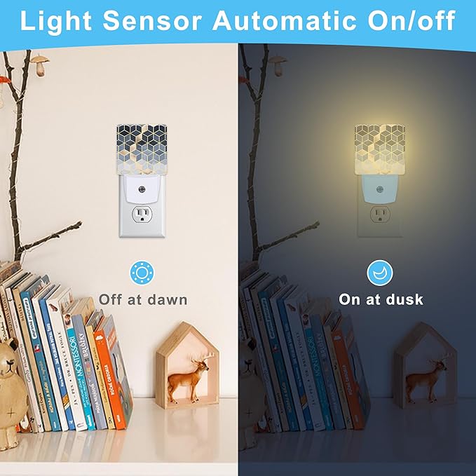 Blue Gradient Cubes Plug in Night Light with Auto Dusk to Dawn Sensor,Abstract Night Lights for Boys Girls Bedroom Bathroom Hallway Kids Room Gifts