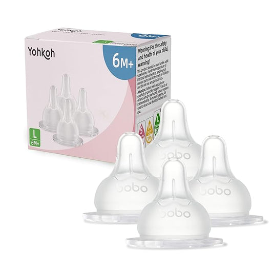 YOHKOH Baby Bottle Nipples for Wide Neck Bottles, 100% Natural Feel Silicone Nipples, BPA-Free (6m+, L, 4 Counts)