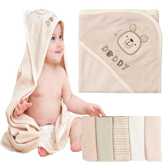 6 Pack 1 Baby Hooded Towel and 5 Washcloths Set, Premium Ultra Soft Reusable Organic Cotton Baby Bath Towel for Newborns, Infants, Toddlers, Unisex Babies' Gifts, Brown 30 x 30 Inch