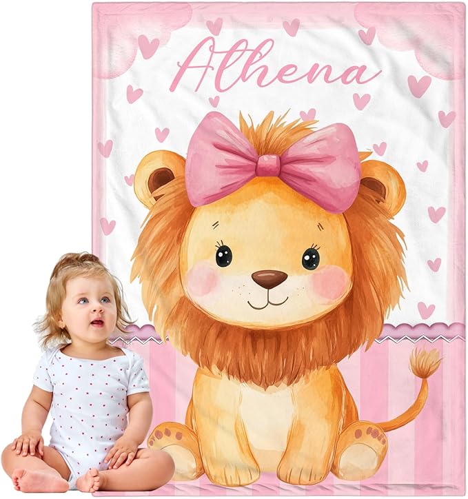 Personalized Baby Blanket for Girls, Custom Baby Blanket with Name, Soft Cozy Personalized Name Blankets for Kids, Customized Lion Blanket for Infant Toddler Birthday Christmas