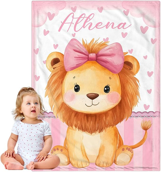 Personalized Baby Blanket for Girls, Custom Baby Blanket with Name, Soft Cozy Personalized Name Blankets for Kids, Customized Lion Blanket for Infant Toddler Birthday Christmas