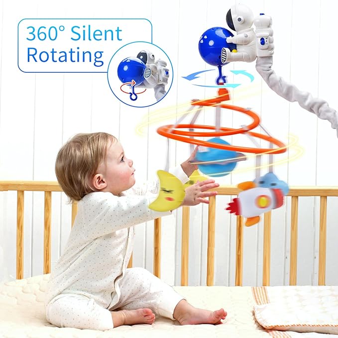 Baby Crib Mobile with Music Box, Remote Control, Rotating Space Theme Toys, Projection Light, White Noise, 0-12 Months