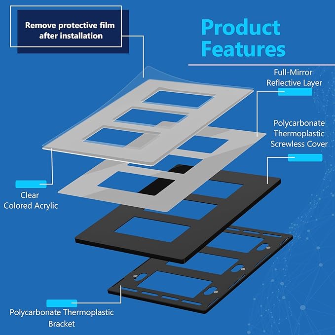 LIDER Triple Decorator Wall Plate, Impact Resistant, Mirrored Acrylic, Plexiglass, Reflective Finish, Modern Upgrade Screwless Light Switch/Outlet Cover Mid-Size 3-Gang 4.88" x 6.77" Silver