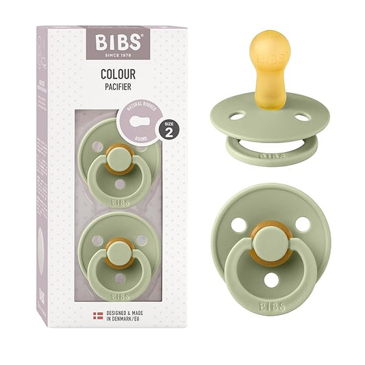 BIBS Pacifiers Colour Collection | Natural Rubber Baby Pacifier | Round Nipple | Set of 2 BPA-Free Soothers | Made in Denmark | 6+ Months (Pack of 2) | Sage